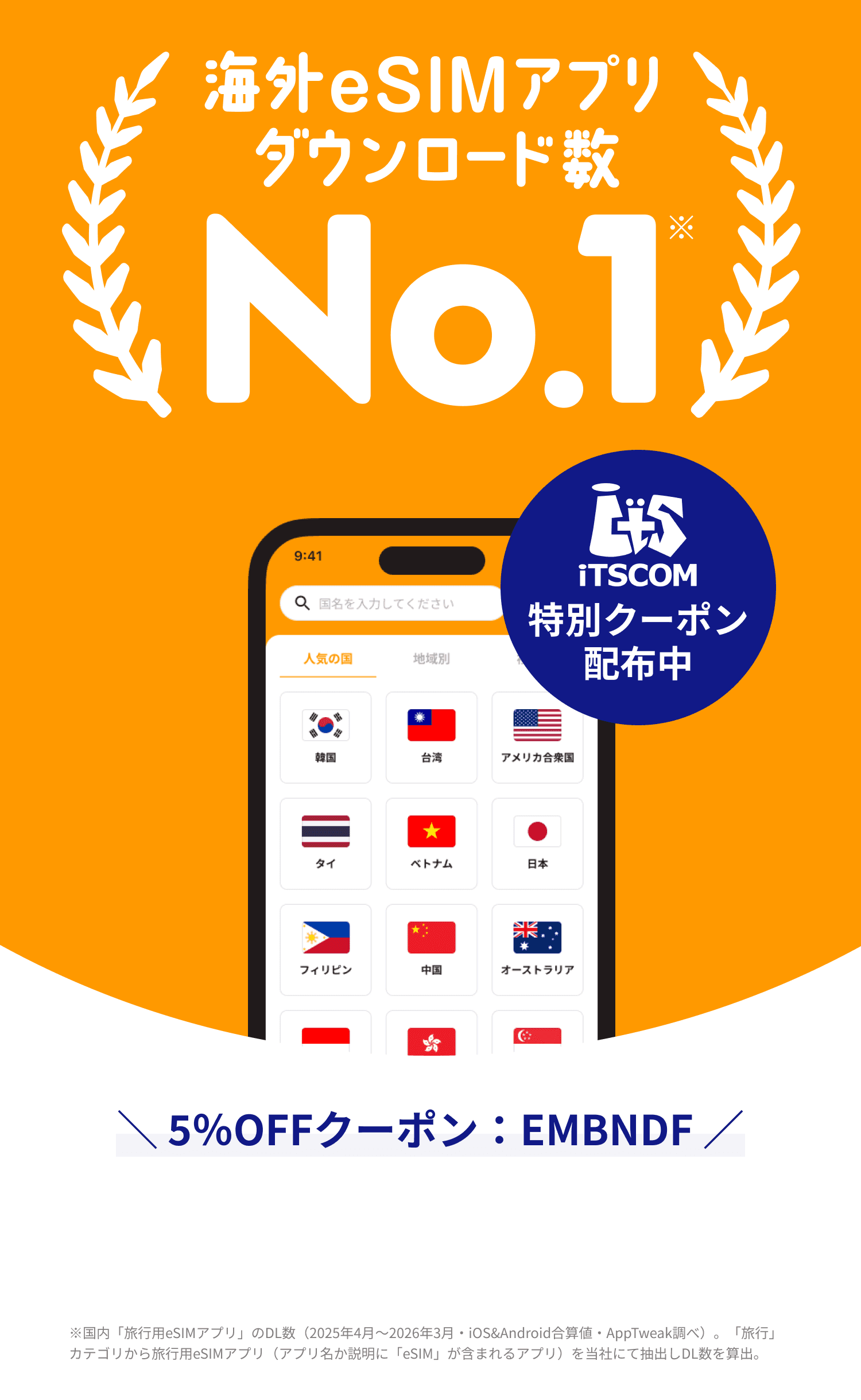 イッツコム特別クーポン 5%OFF｜海外eSIMアプリ ダウンロード数No.1